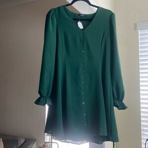 Boutique Green Button Down Tie Waist Long Sleeve Dress
